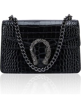 Women's Shine Black Leather Snake Print Chain Purse Sling Crossbody Satchel Bag